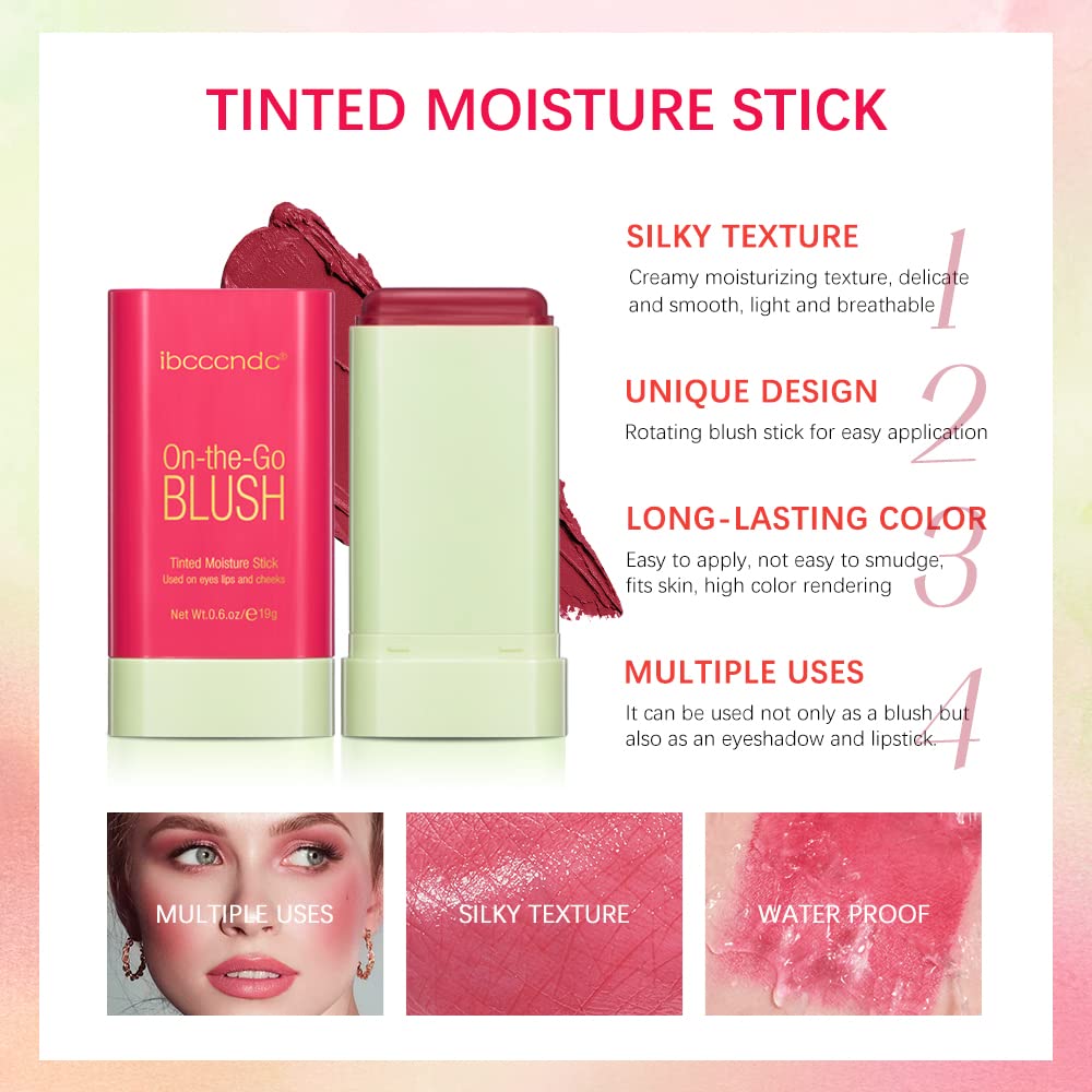 Blush Stick Matte Finish Waterproof Long Lasting Pink Red Cheek Lip Make-up Multi Lip Tint Stick Highlighter High Pigment Rouge Blush for Women Lady Daily Lip Cheek Make (3#coral orange)
