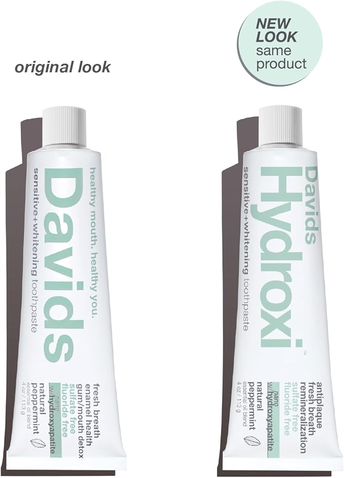 Davids Hydroxi Fluoride Free Nano Hydroxyapatite Toothpaste for Remineralizing, Sensitive Support, Whitening, Antiplaque, SLS Free, Natural Peppermint, 4oz, Made in USA