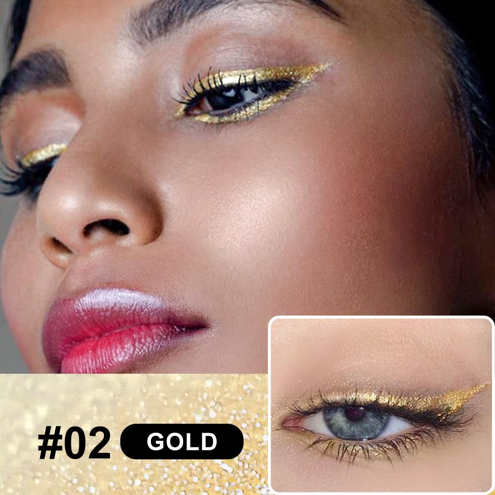 2PCS Metallic Glitter Colored Liquid Eyeliner Pens Set04 – Waterproof Mark Silver White or Gold Long-Lasting Sparkly Eye Makeup – Tattoo-Effect Ink Liners for Women & Men,Delineador Líquido con Brillo