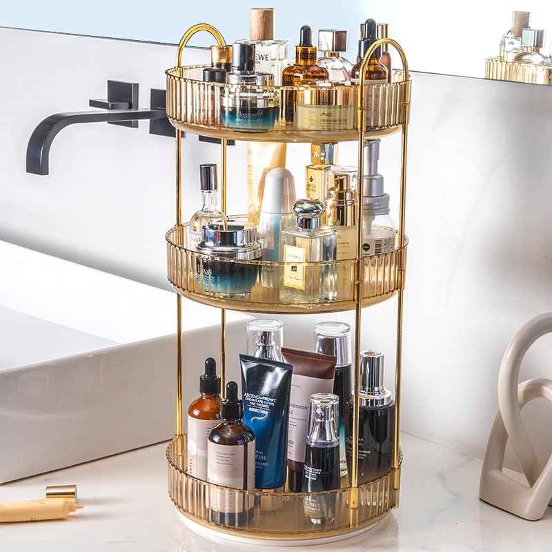 360 Rotating Makeup Organizer - High-Capacity Skincare & Cosmetics Organizer for Vanity, Bathroom or Dresser (3 Tiers, Amber)