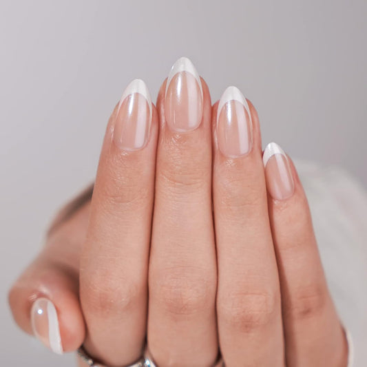 French Tip Press On Nails - BTArtbox White Almond Medium Reusable Stick On Nails in 15 Sizes - 30 Soft Gel Fake Nail Kit for Women Gift, Classic
