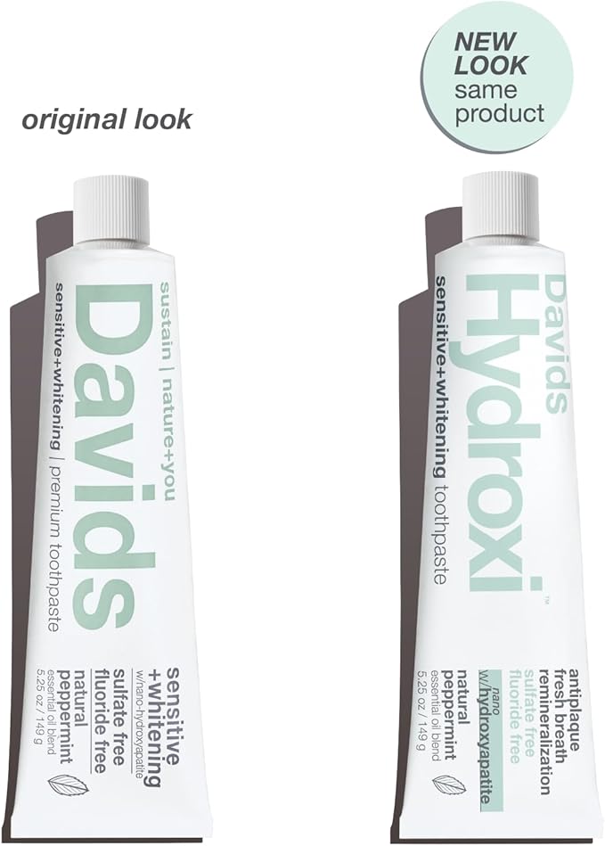 Davids Hydroxi Fluoride Free Nano Hydroxyapatite Toothpaste for Remineralizing, Sensitive Support, Whitening, Antiplaque, SLS Free, Natural Peppermint, 5.25oz, Made in USA