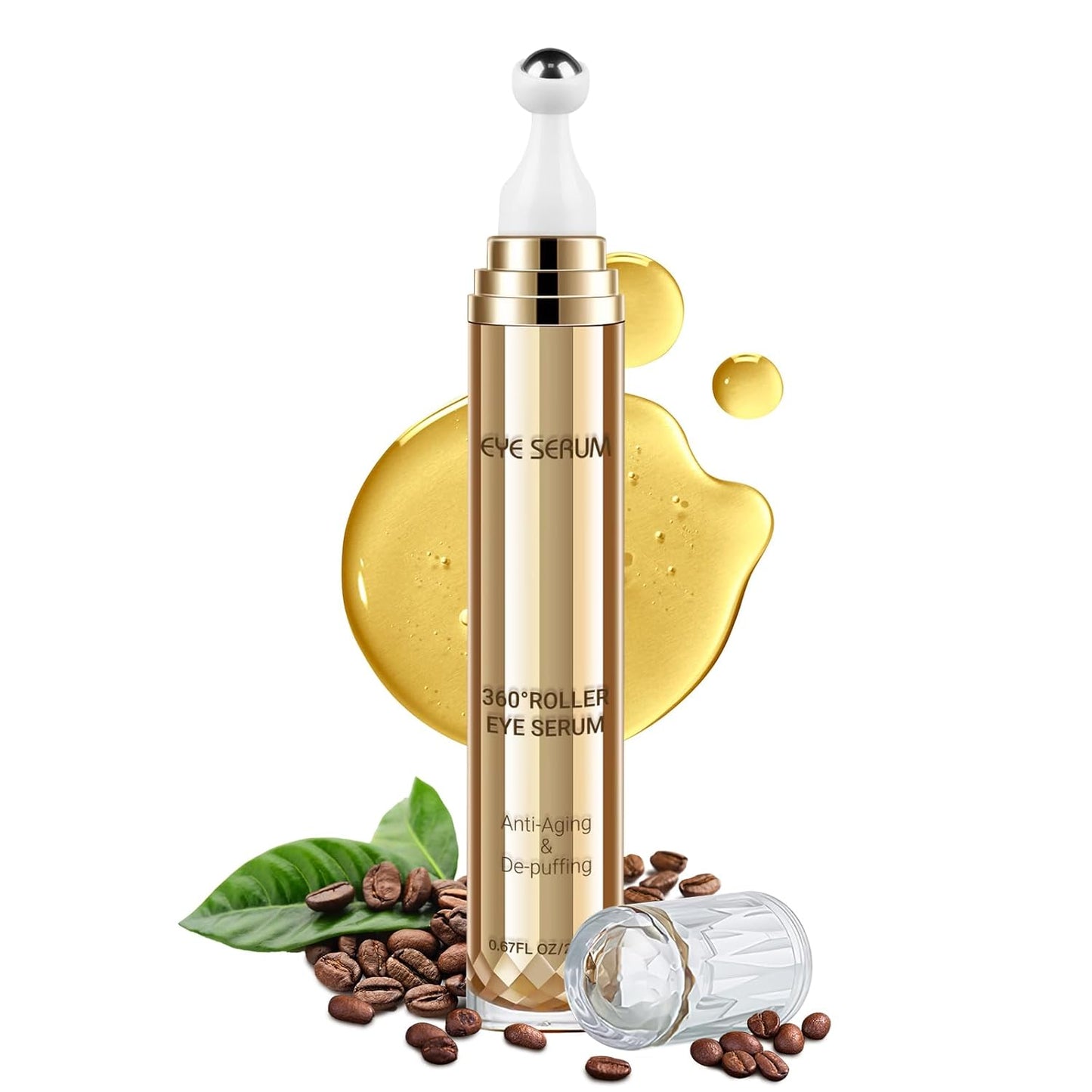 Caffeine Eye Serum, 0.67 Fl. Oz. Under Eye Cream for Dark Circles and Puffiness Eye Care Eye Serum Anti Aging with 360° Massage Ball Reduce Eye Bags, Wrinkles and Fine Lines