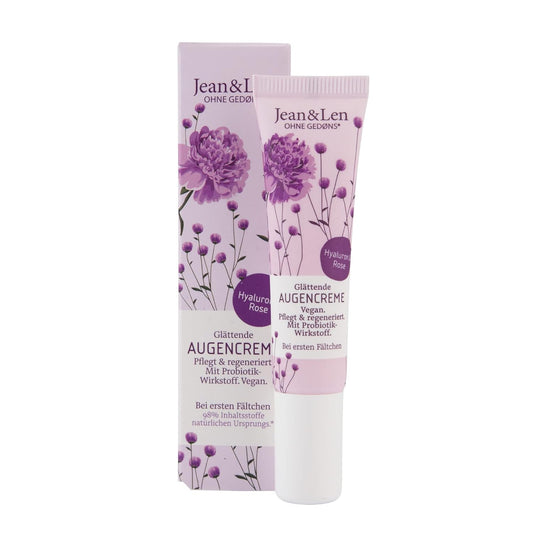 Smoothing Eye Cream with hyaluronic acid by Jean&Len, rose water and vitamin E, against wrinkles and puffy eyes, minimizes dark circles, vegan, 0.5 Fl. Oz.