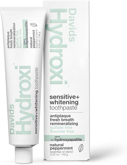 Davids Hydroxi Fluoride Free Nano Hydroxyapatite Toothpaste for Remineralizing, Sensitive Support, Whitening, Antiplaque, SLS Free, Natural Peppermint, 5.25oz, Made in USA