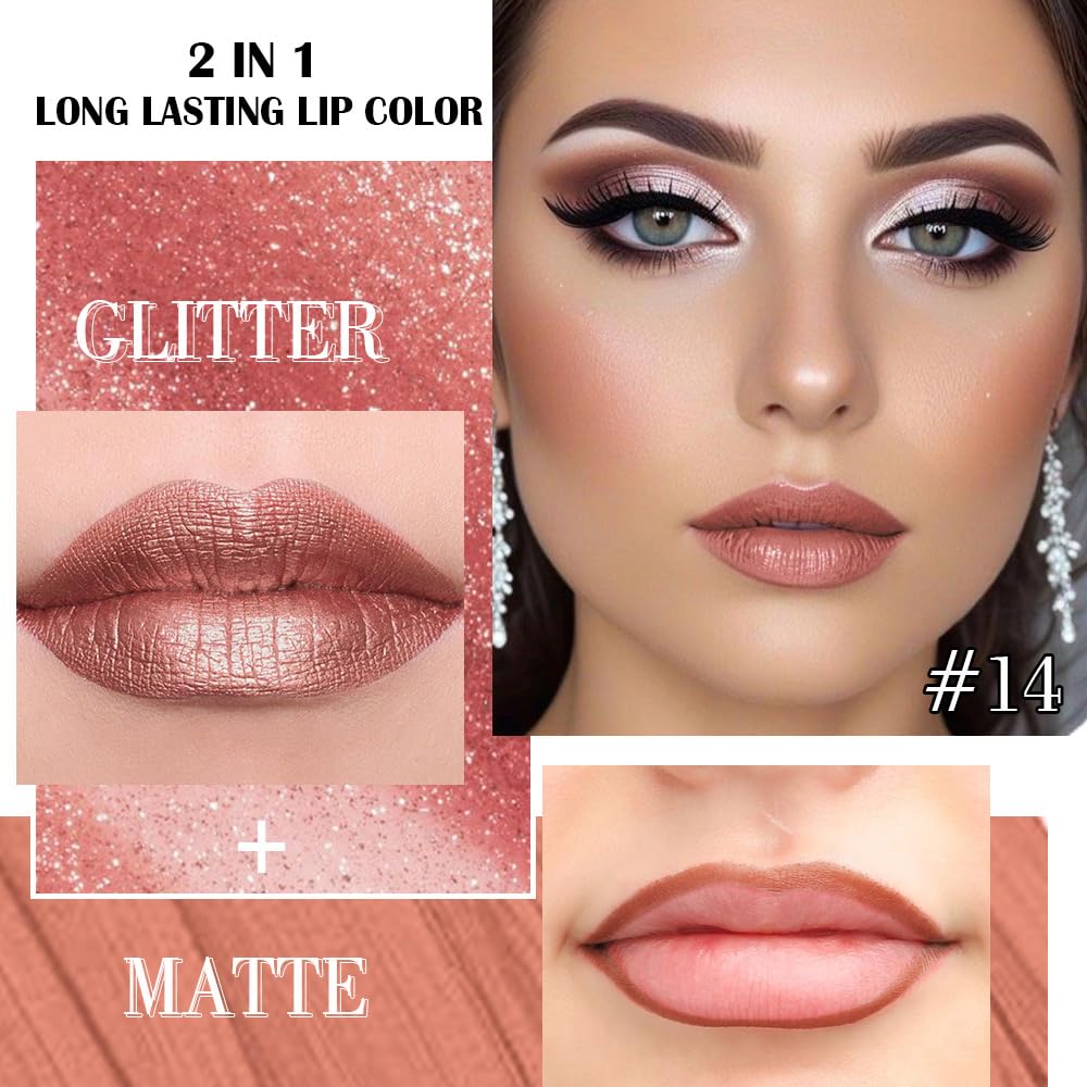 Kaely 2-in-1 Bronze Gold Metallic Lipstick and Lip Liner, Shimmer Liquid Metallic Lipsticks for Women, Glitter Lip Gloss Stain Long Lasting Waterproof Smudge Proof 24 Hour, Vegan Makeup, 14