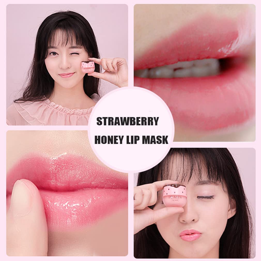 Bee Balm Lip Balm Honey Pot, 2 PCS Strawberry & Honey Lip Masks Hydrating Prevention Dry and Cracked Lip Scrubs Exfoliator