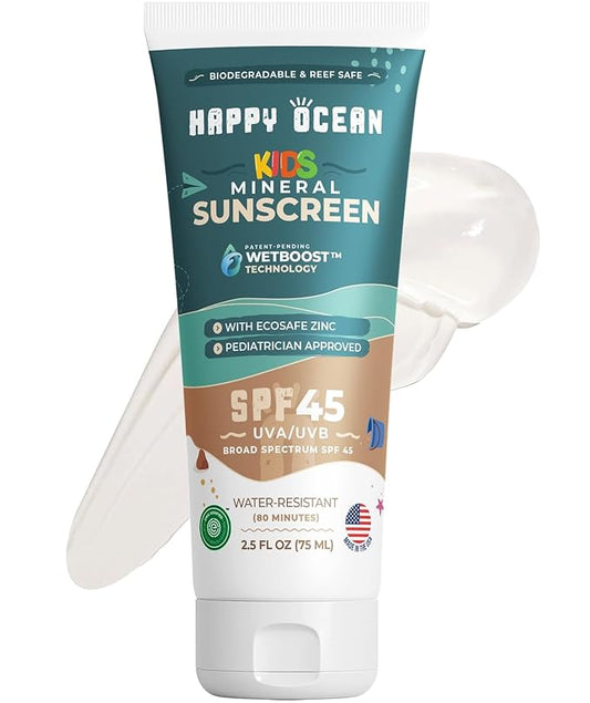 Kids Mineral Sunscreen SPF 45 – Reef Safe, Non-Toxic Sunscreen for Kids, Non-Greasy Zinc Oxide, Travel Size, Water Resistant, Face & Body