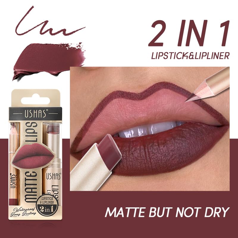 USHAS 2 in 1 Waterproof Lipstick and Lip Liner Combo Set - Long Lasting Matte Lipstick Pen with Liner Set Makeup Kit (G6, Pack of 1)