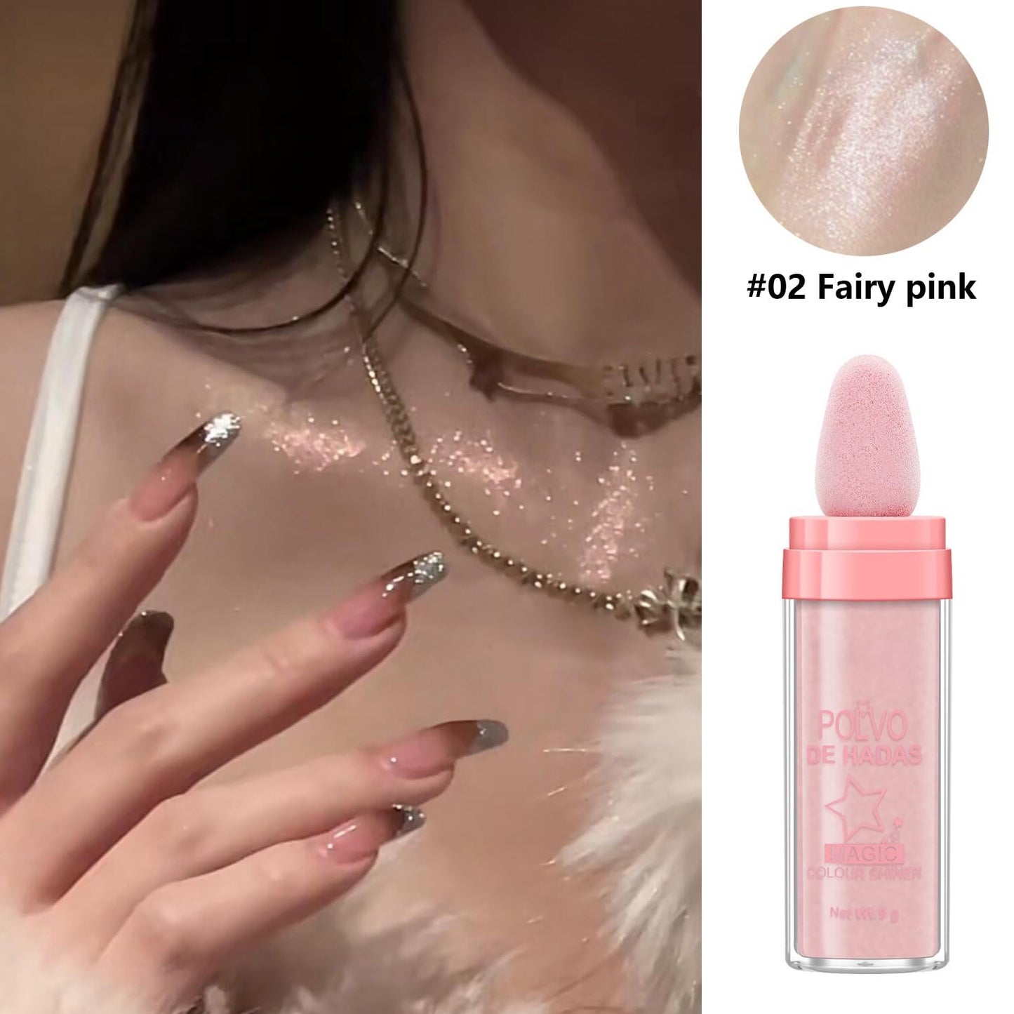 2PCS Polvo De Hadas Fairy Highlight Patting Powder Highlighter Body Brightens the Natural Three-dimensional Face Powder Blusher (#01 White & #02 Pink)