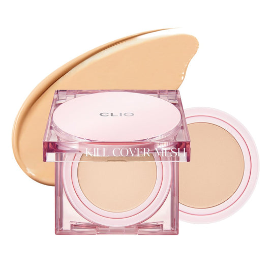 CLIO Kill Cover Mesh Glow Cushion Foundation ([Refill Included] 15g*2, 24W SAND), Glass Skin, Long-Lasting, Lightweight, Buildable Coverage, Glowy Skin Makeup