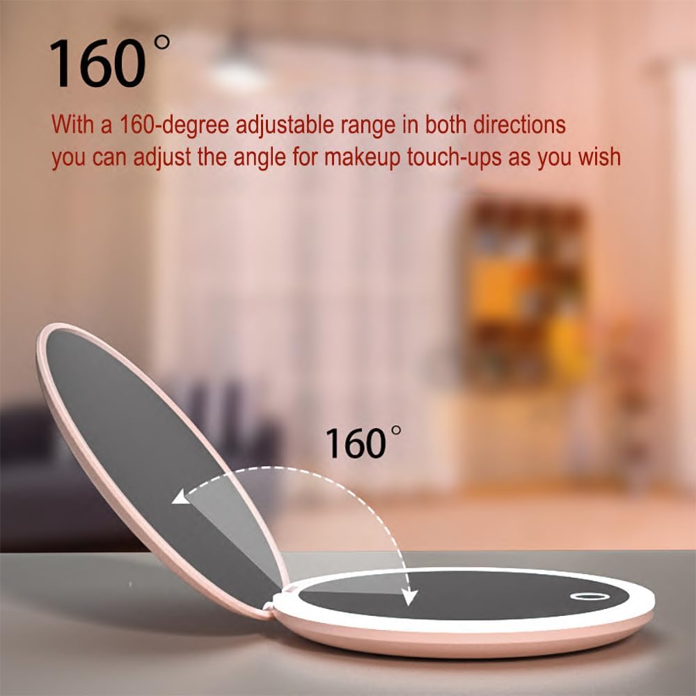 MONKEY SUN LED Mini Makeup Mirror, Compact Folding Travel Mirror with Touch Control, Round (Pink, 3.5 inch)