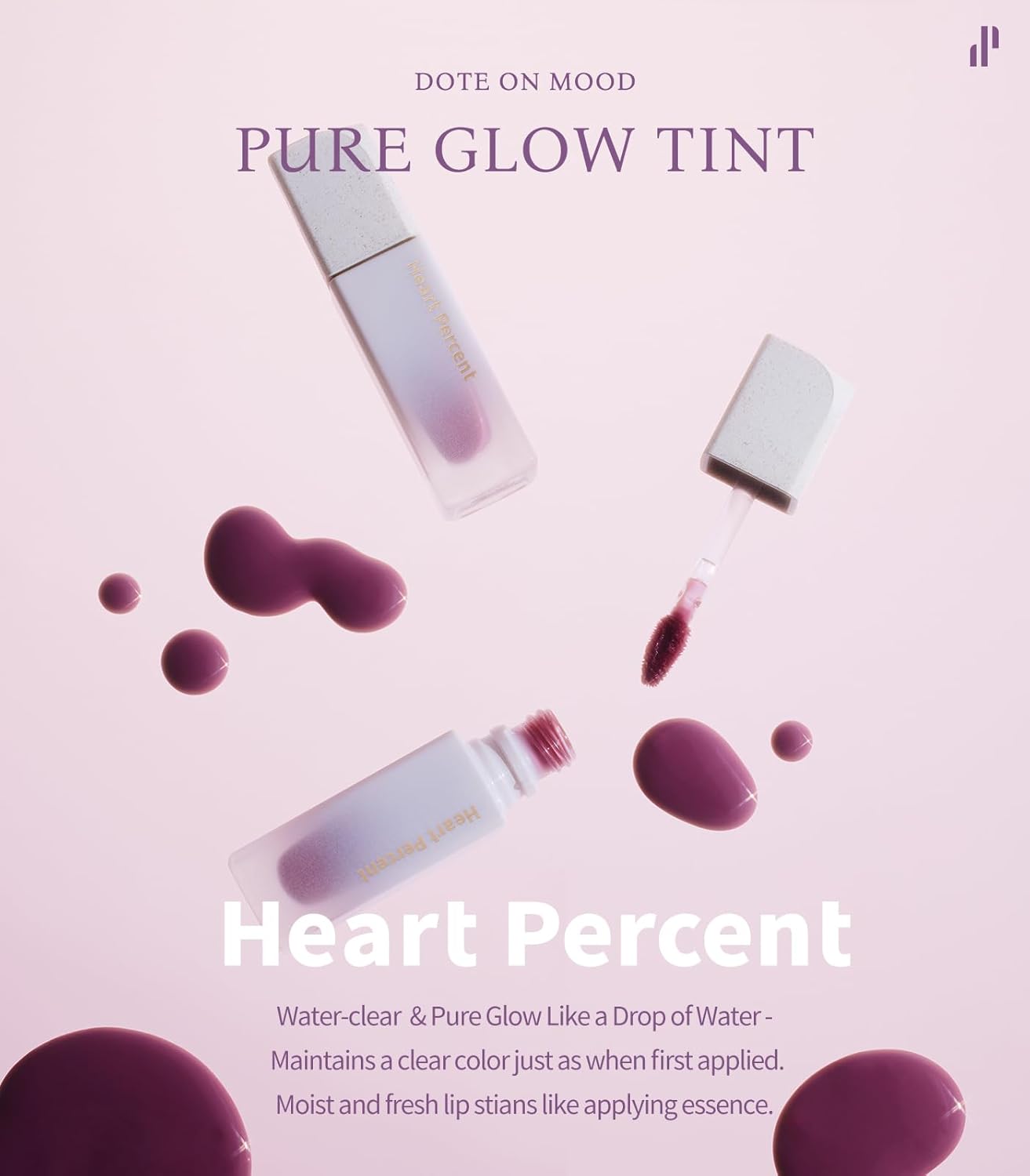 Heart Percent Dote On Mood Pure Glow Tint, Watery & Lightweight Moisturizing Lip Stain Long Lasting Liquid Lipstick 6.8g, #11. Just Coral