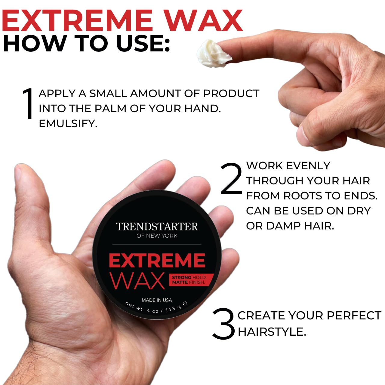 TRENDSTARTER Hair Wax - Extreme, 4oz - Matte Finish - Premium Water Based Flake-Free Hair Styling Pomade for All Hair Types - All-Day Strong Hold