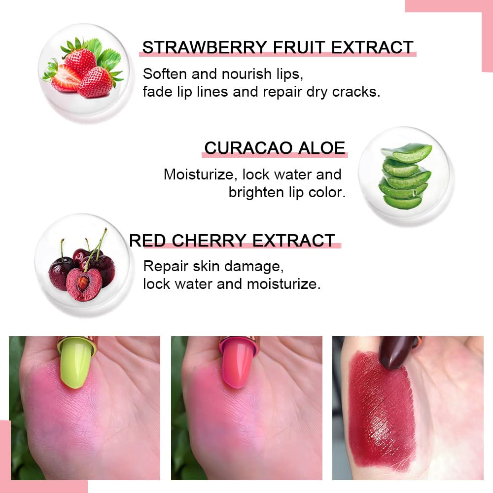 evpct 3Pcs Magic Color Changing Lipstick Long Lasting Waterproof 24 Hours Original for Women, Aloe Vera Strawberry Black Red Cherry PH Mood Permanent Color Changing Lipstick Lip Balm, labial magico