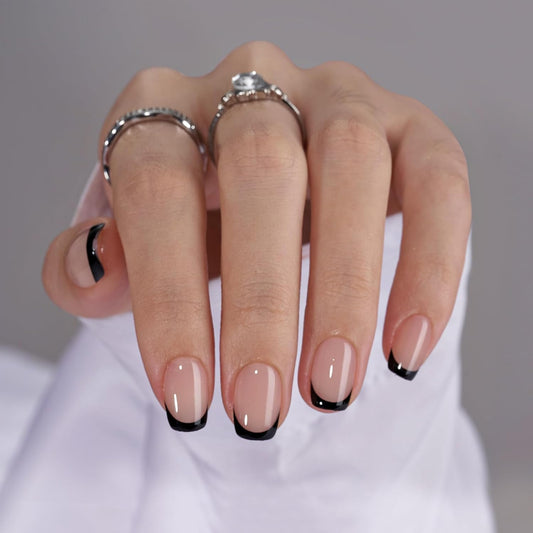 French Tip Press On Nails - BTArtbox Jelly Square Fake Nails with Nail Glue, Reusable Semi-Transparent Stick On Nails in 15 Sizes - 30PCS Soft Gel Glue On Nails Kit, Classic Black