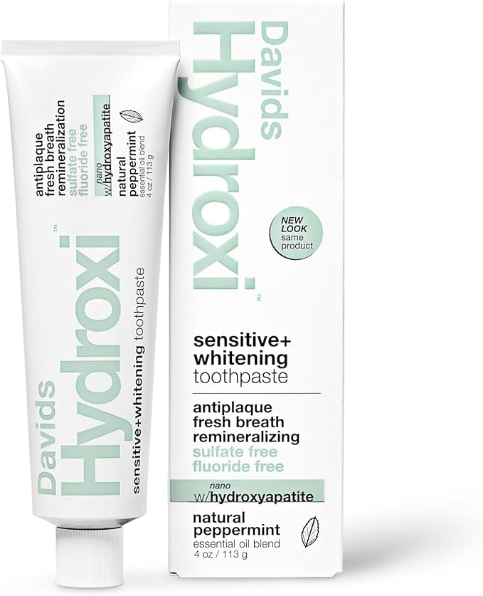 Davids Hydroxi Fluoride Free Nano Hydroxyapatite Toothpaste for Remineralizing, Sensitive Support, Whitening, Antiplaque, SLS Free, Natural Peppermint, 4oz, Made in USA