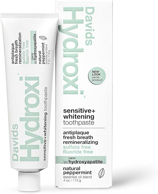 Davids Hydroxi Fluoride Free Nano Hydroxyapatite Toothpaste for Remineralizing, Sensitive Support, Whitening, Antiplaque, SLS Free, Natural Peppermint, 4oz, Made in USA