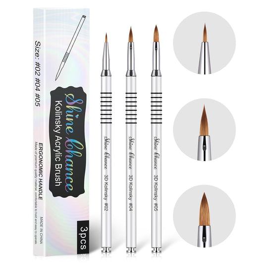 3Pcs 3D Nail Brushes Set Size 2 4 5, Kolinsky Hair Acrylic Flower Nail Art Brush, Art Design & Polish Mistake Cleaning Manicure Tools for Women Acrylic Application, Silver