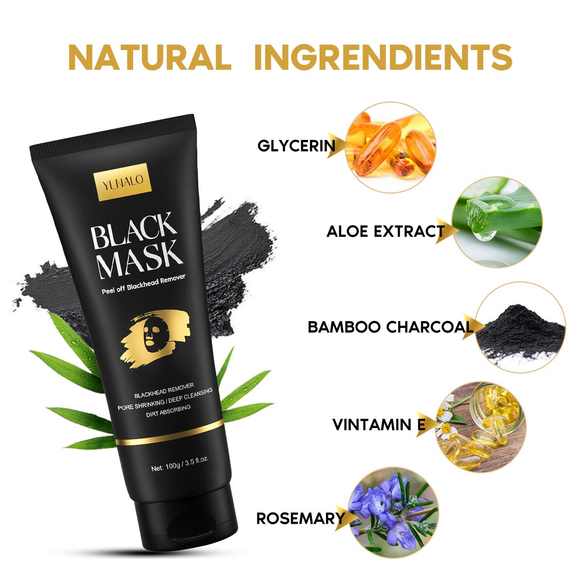 YLNALO Blackhead Remover Mask Kit, Charcoal Peel Off Facial Mask with Brush and Pimple Extractors, Deep Cleansing for Face Nose Blackhead Pores Acne, For All Skin Types (3.5 Fl.oz)