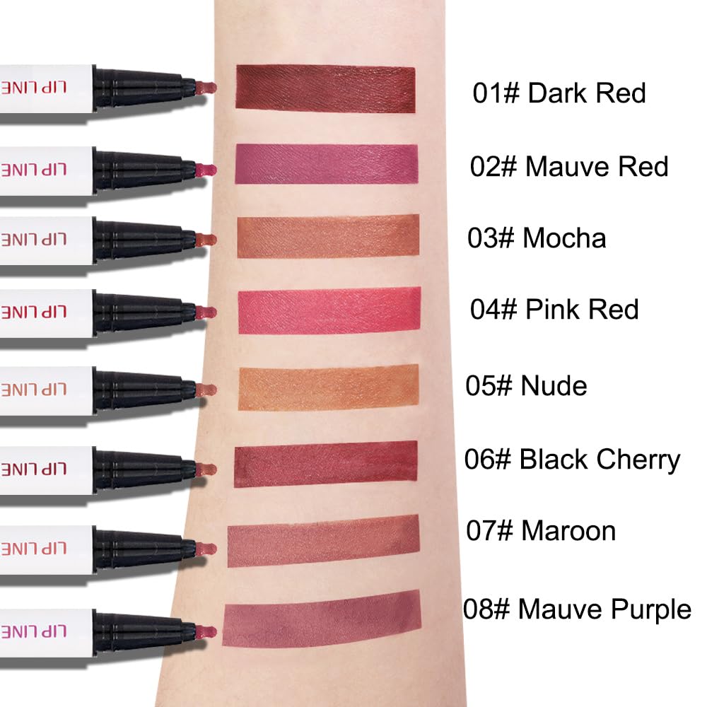 2Pcs Longwear Liquid Lip Liner Stain Marker Pen Set Long Lasting Waterproof, Mocha Nude Brown Matte Semi Permanent 24 Hour Lip Liner and Lipstick Combo, Color Stay Lipliner All Day Lip Stains peel off