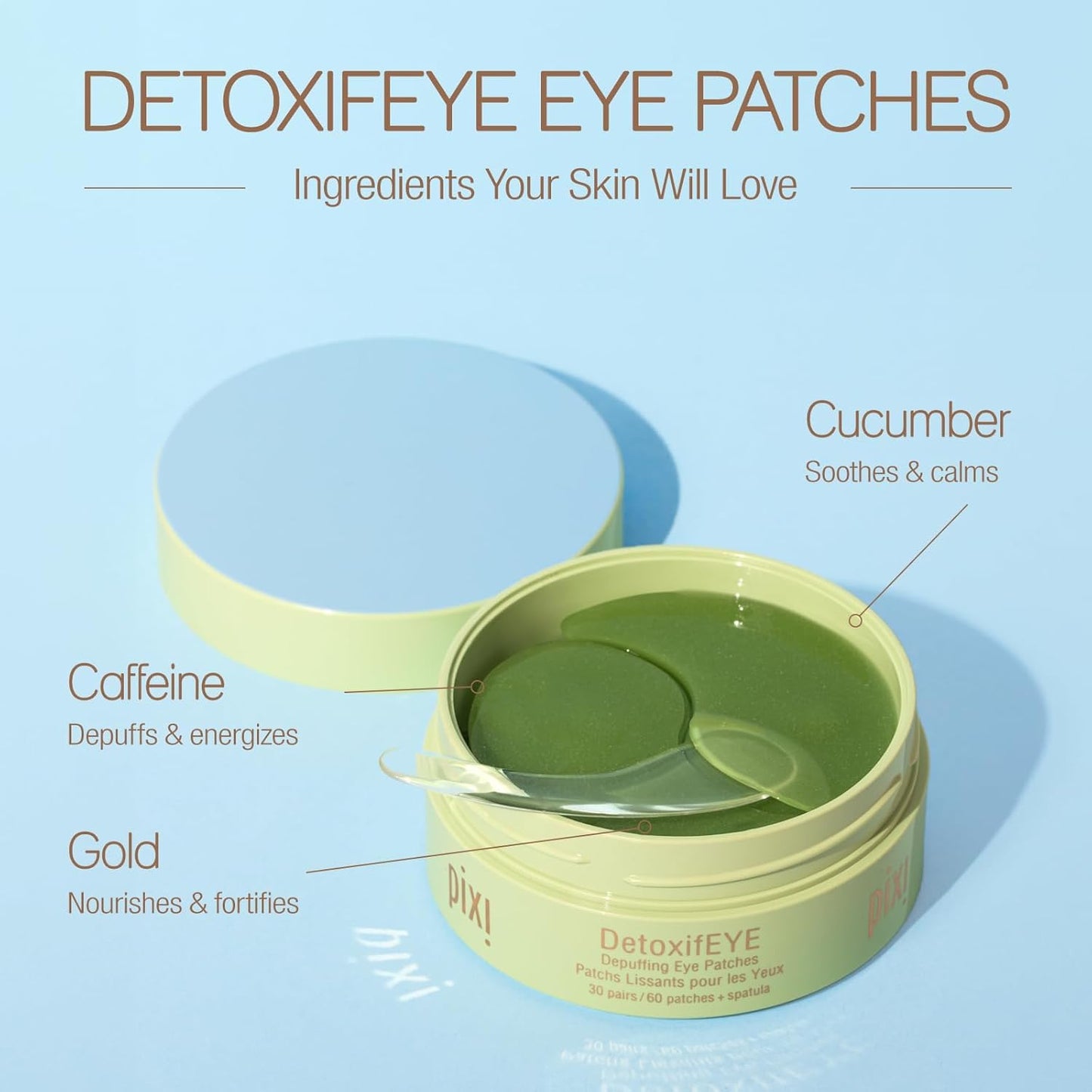 Pixi DetoxifEYE Depuffing Hydrogel Under-Eye Patches, Cucumber, Hyaluronic Acid & Caffeine For Puffy Eyes and Dark Circles, Hydrate Eye Area, 30 pairs, 60 Patches