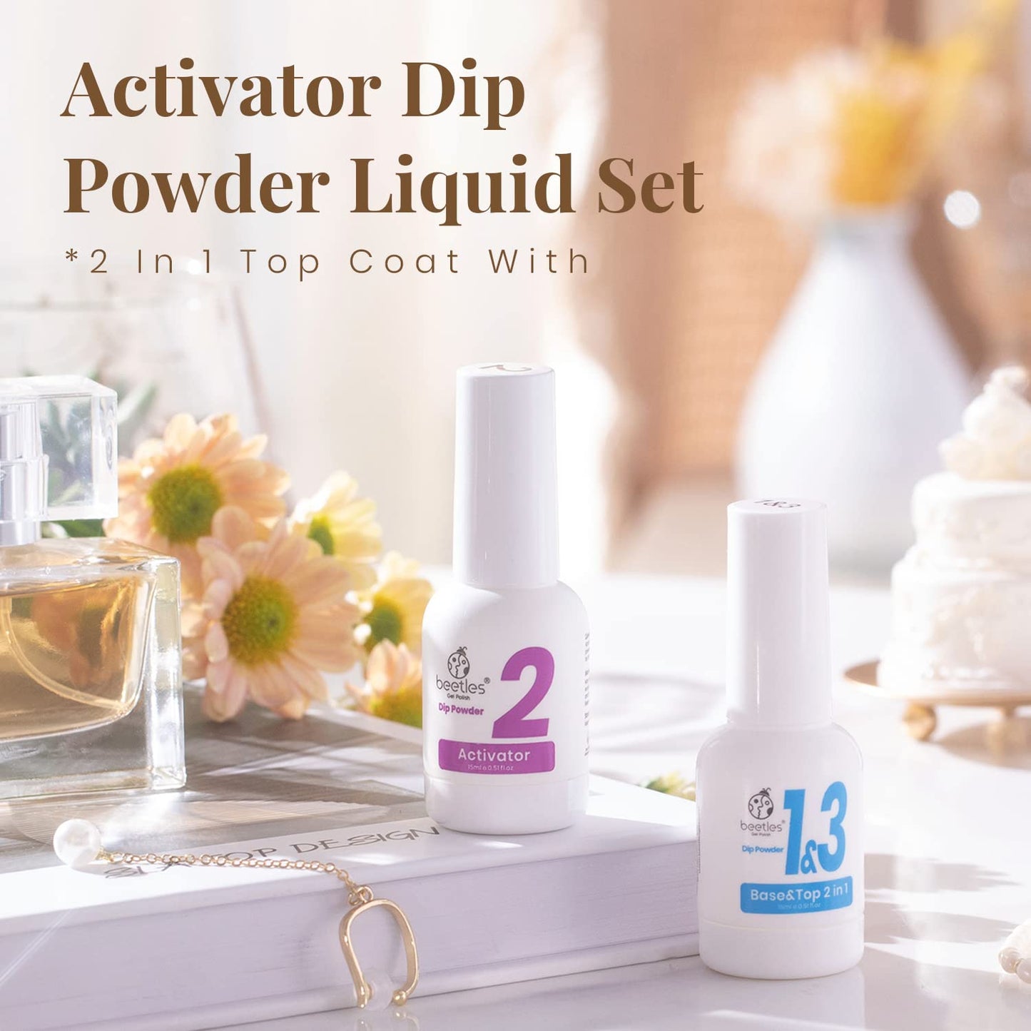 Beetles Dip Powder Liquid Set - 2 In 1 Dip Base & Top Coat and Activator, Dip Nail Liquid Set for Dipping Powders French Nail Design Dip Nail Kit Manicure Gift for Women, 0.51 fl.oz/Bot