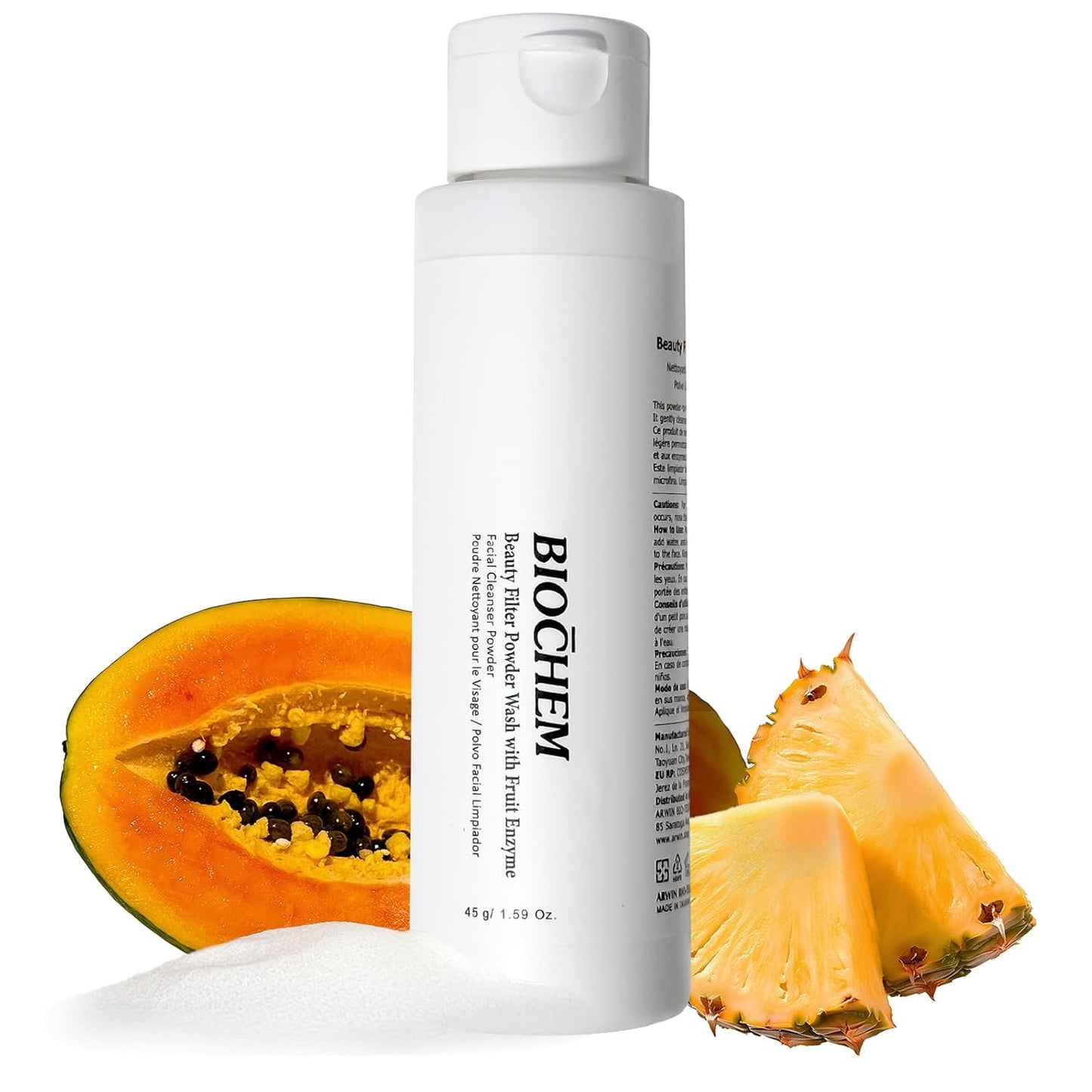 BIOCHEM Beauty Filter Powder Face Wash with Fruit Enzyme, Daily Wash with Papaya & Pineapple Enzyme, Gentle Plant-Based Low pH Exfoliator Cleanser for Women & Men, Sensitive Skin (1.59 fl oz / 45 g)
