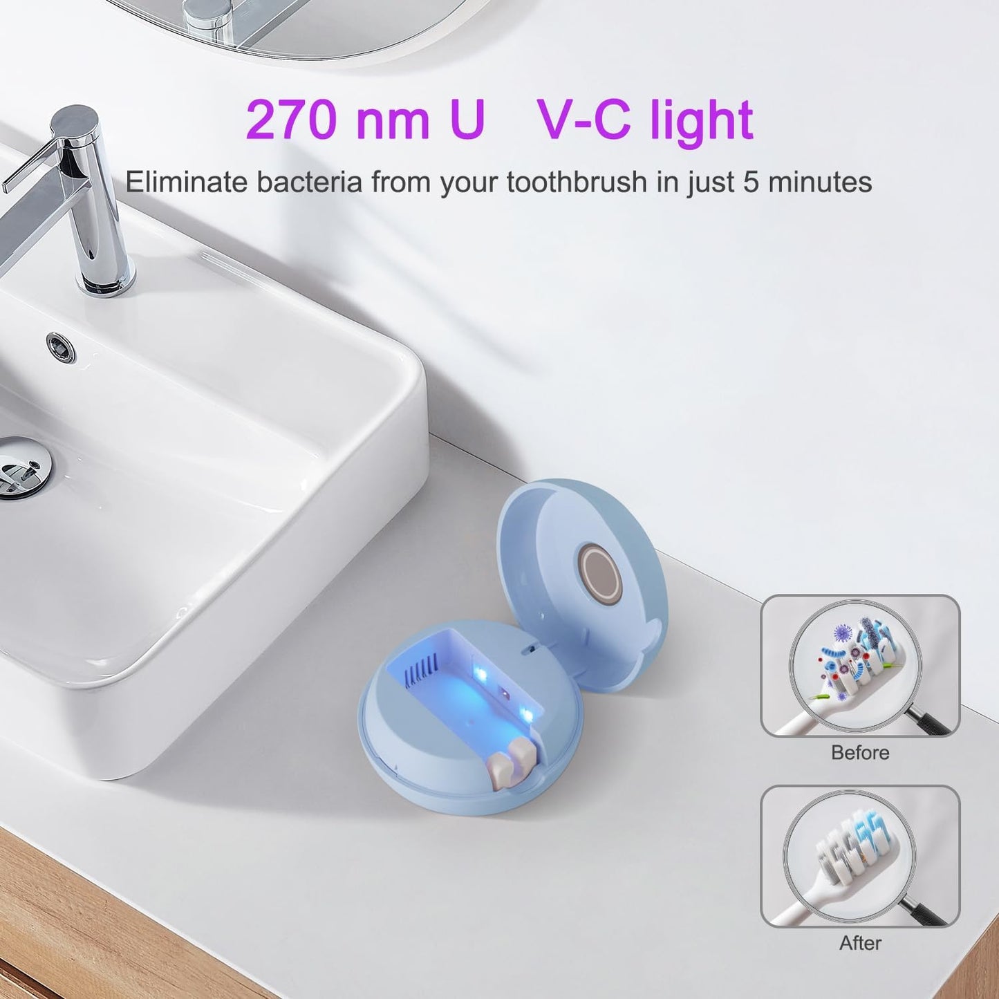 Toothbrush Holder, Toothbrush Cleaner Case, Portable USB Charging Toothbrush Cover with U V-C Light, Travel Toothbrush Holder (Blue-Mirror)