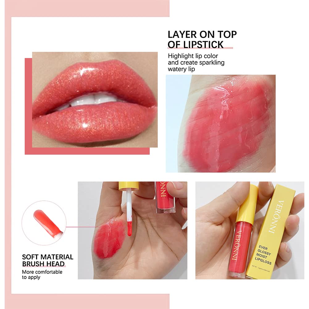 VERONNI 6 Colors Lip Tinted Stain Gloss Set,Hydrating Plumping Liquid Lipstick Set,Moisturizing Clear Lip Oil For Dry Lips,Nourishing Water Glossy Glass Lip Oil Gloss Lip Tint (6 Colors)