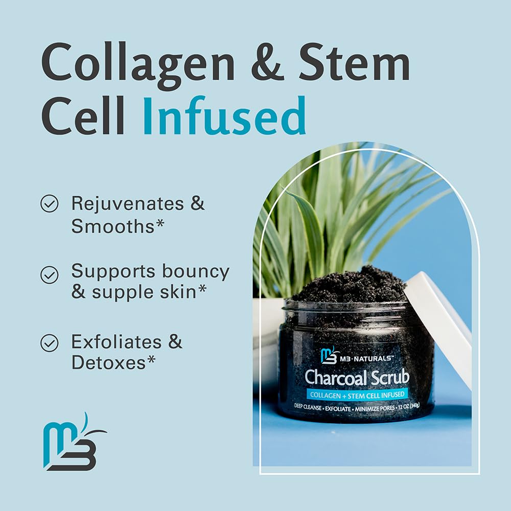 Exfoliating Charcoal Scrub with Collagen & Stem Cells – Salt Scrub for Body Toning, Cellulite, Armpit Detox, and Skin Smoothing for Face, Feet, and Body by M3 Naturals.
