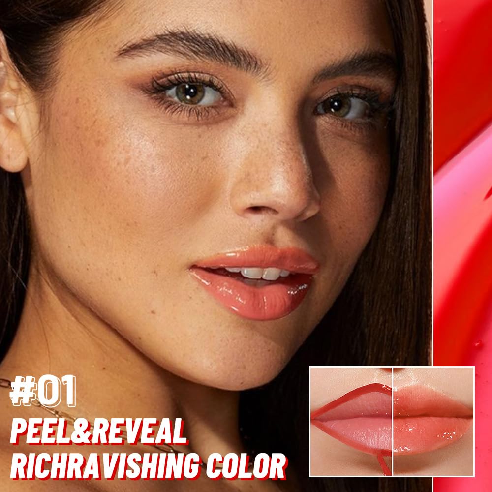 Vivid Apricot Lip Stain Peel Off Lip liner and Lip oil with Tweezer, Dual-Ended Peel Off Lip Stain Tattoo, Highly Pigmented Long Lasting Waterproof, Transfer-proof for All Skin Types, 01#