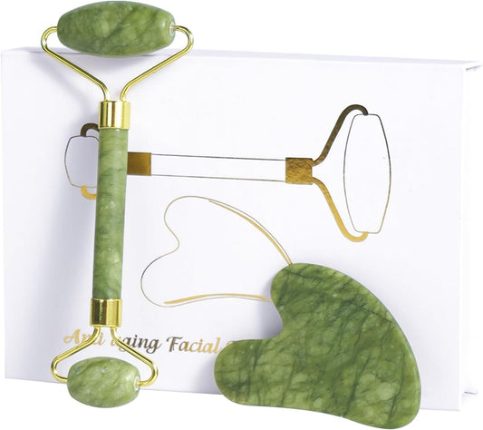 Natural Jade Roller & Gua Sha Set for Face, Facial Massager Tool for Skin Tightening, Anti-Aging, Puffiness Relief, Lymphatic Drainage - Spa Skincare Gift Set for Women