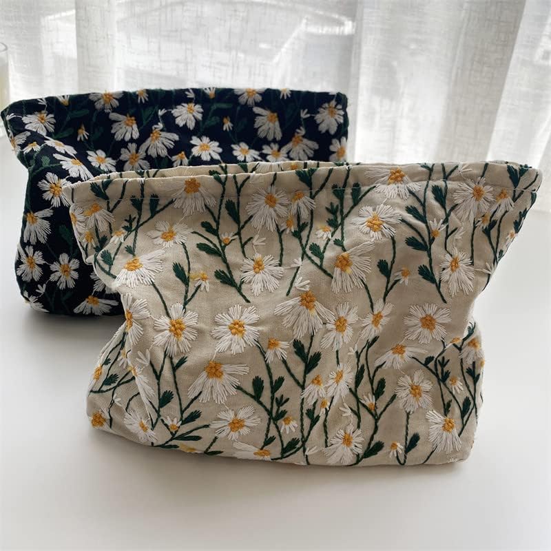 Makeup Bags for Purse Zipper Cosmetic Pouch Large Travel Canvas Make Up Organizer Tool Pouch for Women and Girls,Daisy White