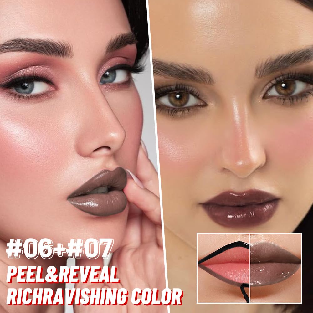2Pcs Liquid Lip Stain Peel Off Lip liner and Lip oil with Tweezer, Dual-Ended Peel Off Lip Stain Tattoo, Highly Pigmented Long Lasting Waterproof, Transfer-proof for All Skin Types, 06#+07#