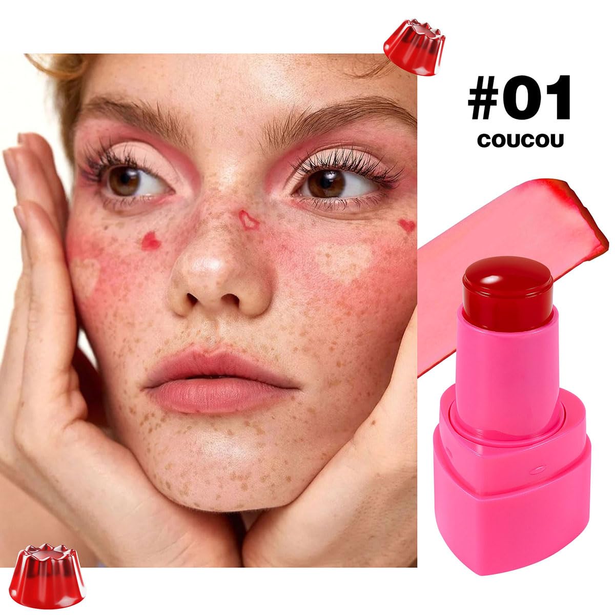 Cooling Water Jelly Tint Stick，Multi-Use Juicy Love Blush, 3-In-1cheek Blush & Eyeshadow & Lip Tinted Long-Lasting Moisture Stick，Bouncy Jelly Texture，Creates A Moist Watercolor Effect (#01, 0.32oz)