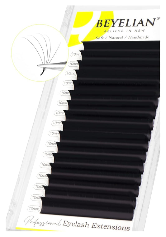 BEYELIAN Eyelash Extension 0.05 D Curl 10mm Tray Easy Fan Lash Extensions Volume Lashes Professional Use Natural Matte Black Professional Salon Use (0.05 D 10mm)