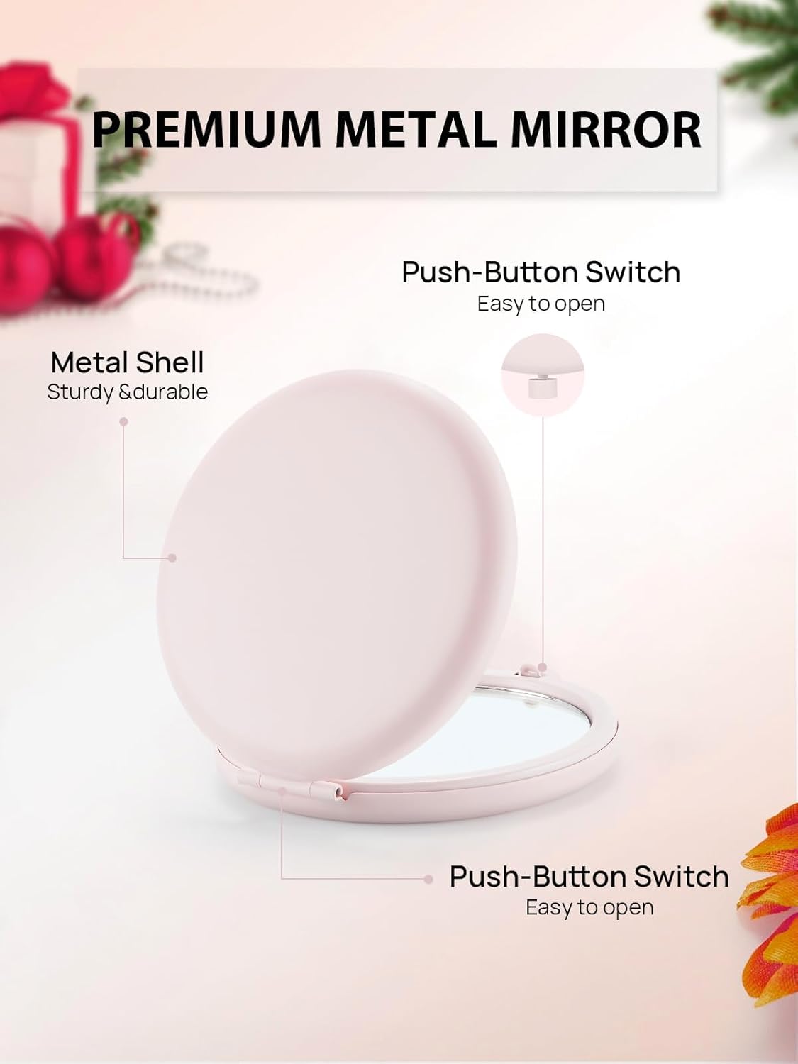 Compact Mirror Bulk, Set of 2 Double-Sided 1X/2X Magnifying Purse Pocket Makeup Mirrors(Round, Pink Marshmallow)