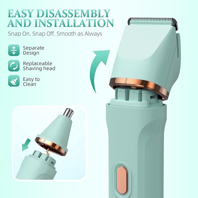 5-in-1 Bikini Trimmer for Women, IPX7 Waterproof Electric Razors Shaver, Cordless Body Hair Trimmer, Facial & Pubic Hair Removal, Ceramic Blade (Pure Green)