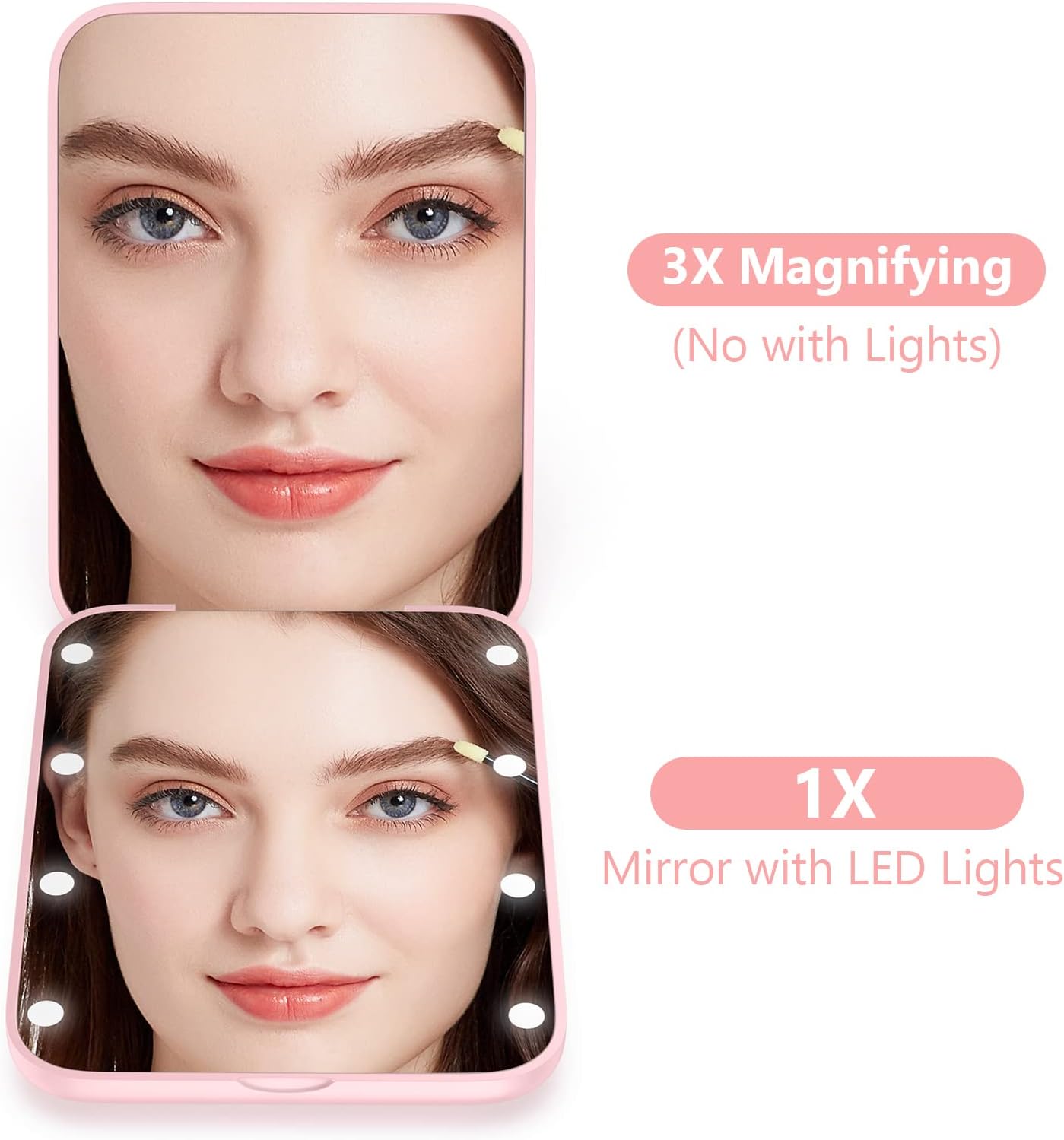 WOBSION Small Mirror with Lights,LED Compact Makeup Mirror,1x/3x Mini Travel Mirror with Magnification,Portable for Purse,Pocket,Gifts for Girls,Pink