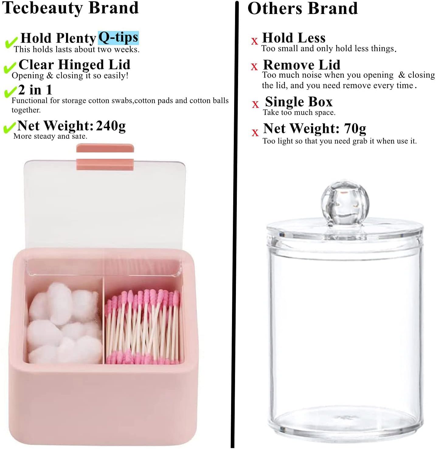 Tecbeauty Qtips Storage Organizer - 2-Grid Dispenser with Hinged Lids for Swabs, Balls, Pads, Pink