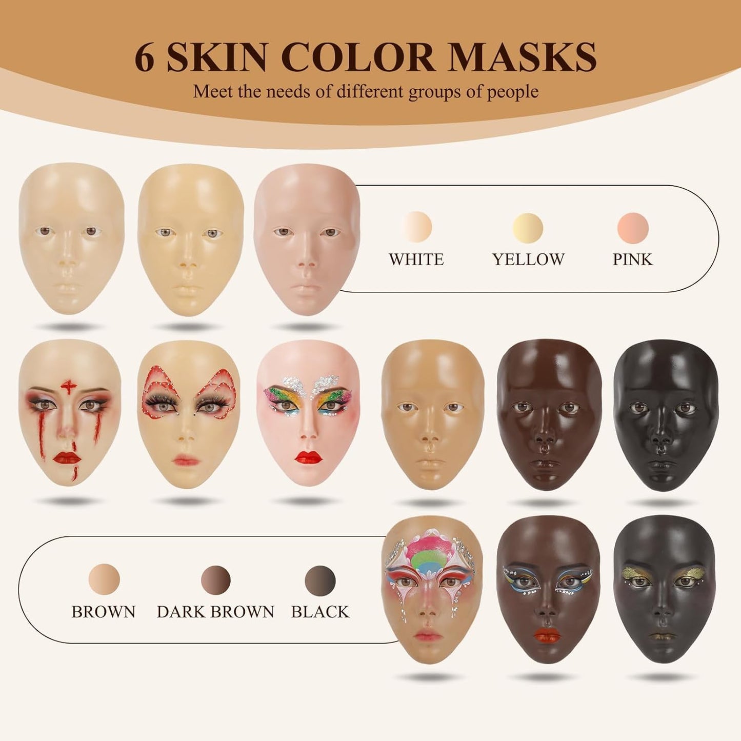 Make Up Practice Face, Face Painting Mannequin Head with Stand, 5D Reusable Silicone Face Practice Board, Mannequin Head for Makeup with Makeup Kit, Practice Face for Makeup Artist & Beginner, Brown
