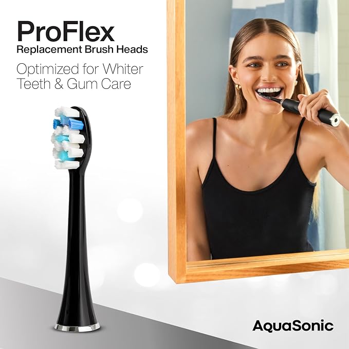 AquaSonic Genuine Proflex Replacement Brush Heads | ADA Accepted | for Whiter Teeth & Gum Care | Compatible with Many AquaSonic Toothbrush Handles (8 Pack Black)