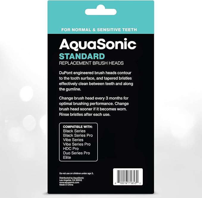 AquaSonic Genuine Standard Replacement Brush Heads | ADA Accepted | for Normal & Sensitive Teeth | Compatible with Many AquaSonic Toothbrush Handles (8 Pack Black)