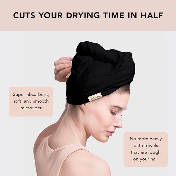Kitsch Microfiber Hair Towel Wrap for Women – Ultra Absorbent Microfiber Bath Towels for Wet, Curly, Long or Short Hair – Anti-Frizz Hair Wrap, Great Hair Care Gifts for Women – Black