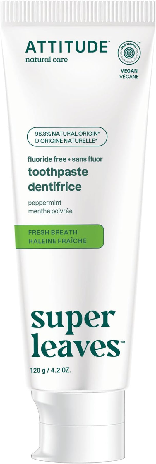 Attitude Fluoride-Free Fresh Breath Toothpaste, Peppermint Flavor, Vegan & Cruelty-Free, Sugar-Free, Plant & Mineral-Based Ingredients, Clean Oral Care, 4.2 Oz