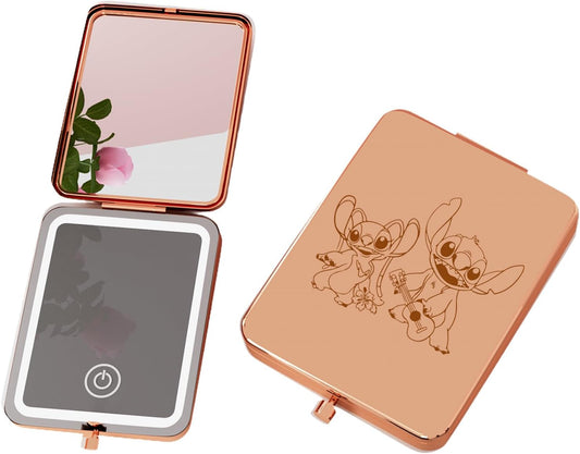 Vanity Mirror with Lights, 3X Magnifying LED Compact Travel Mirrors for Pocket,Purse, Double-Sided Foldable Handheld,Makeup Mirror with Lights, Gifts for Women, Stitch Accessory