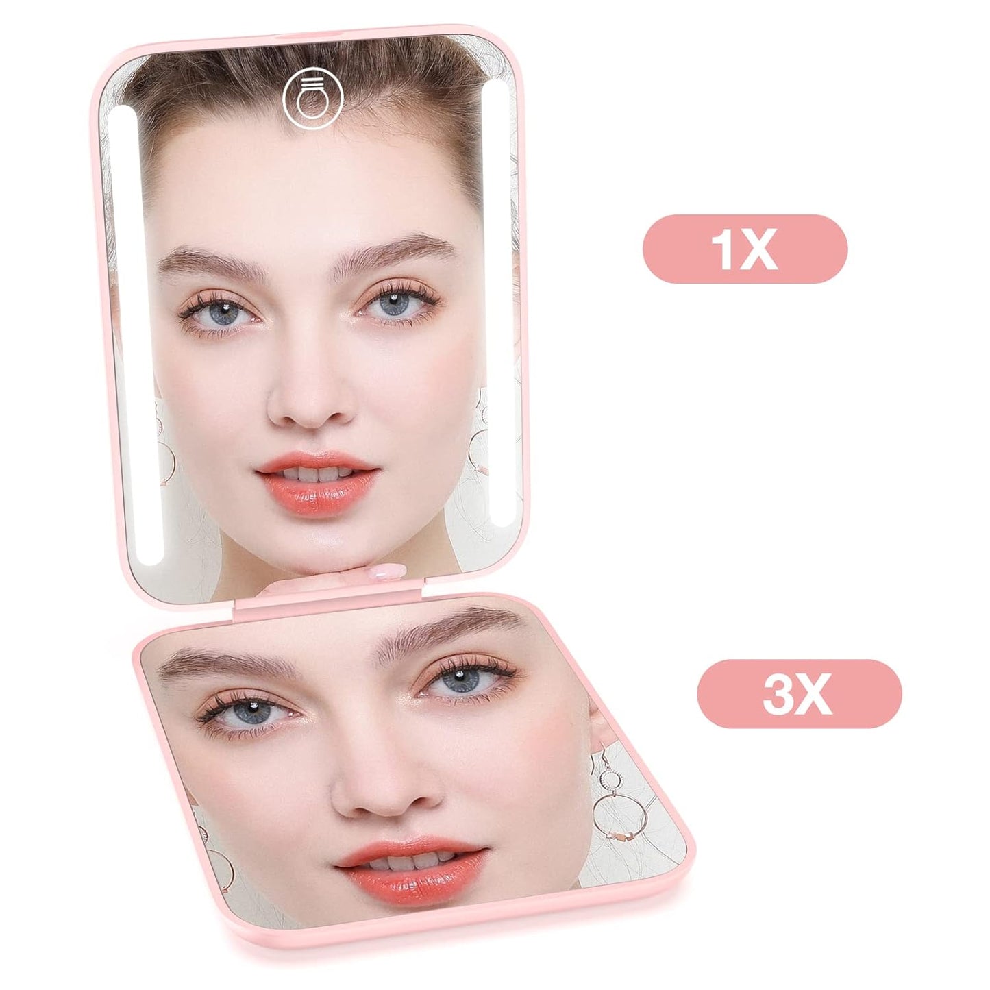 Kintion Rechargeable Pocket Mirror, Double Sided 1X/3X Magnification Compact Vanity Mirror, 3 Color Lights, Dimmable, Small Portable Wallet Mirror, Lighted Travel Mirror for Women Gifts, Pink