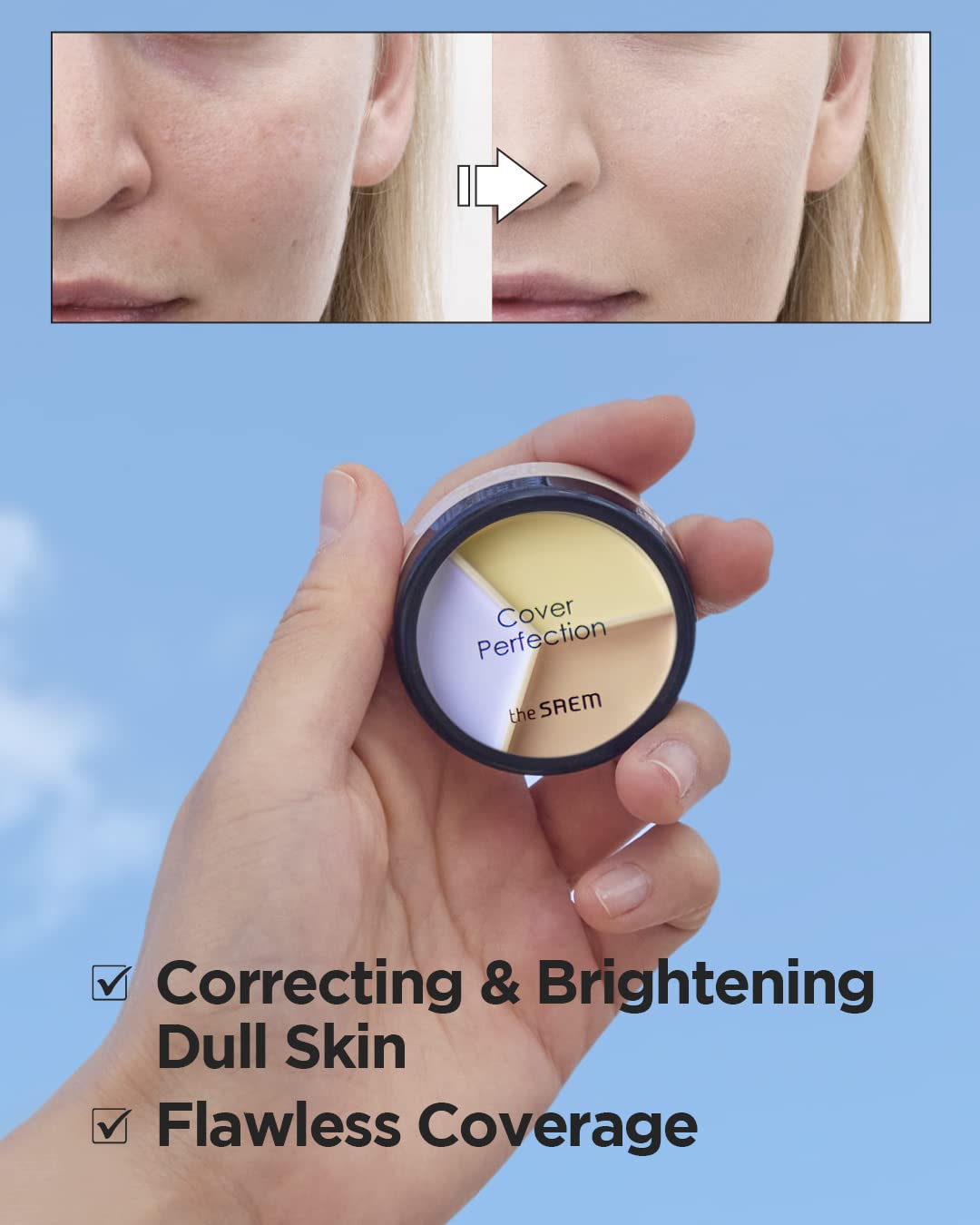 THESAEM Cover Perfection Triple Pot Concealer 04 Tone Up Beige - for Fair to Light Skin Tone - 3 Color Full Coverage Concealer - Covers Pigmentation and Blemish Spots, Corrects Skin Tone