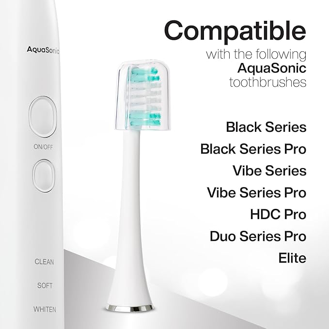 AquaSonic Genuine Standard Replacement Brush Heads | ADA Accepted | for Normal & Sensitive Teeth | Compatible with Many AquaSonic Toothbrush Handles (2 Pack White)
